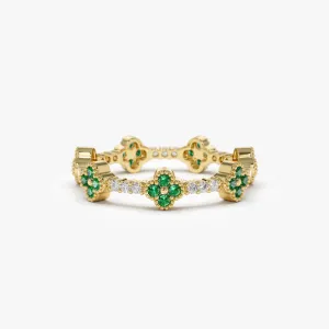 14k Full Eternity Clover Emerald and Diamond Ring