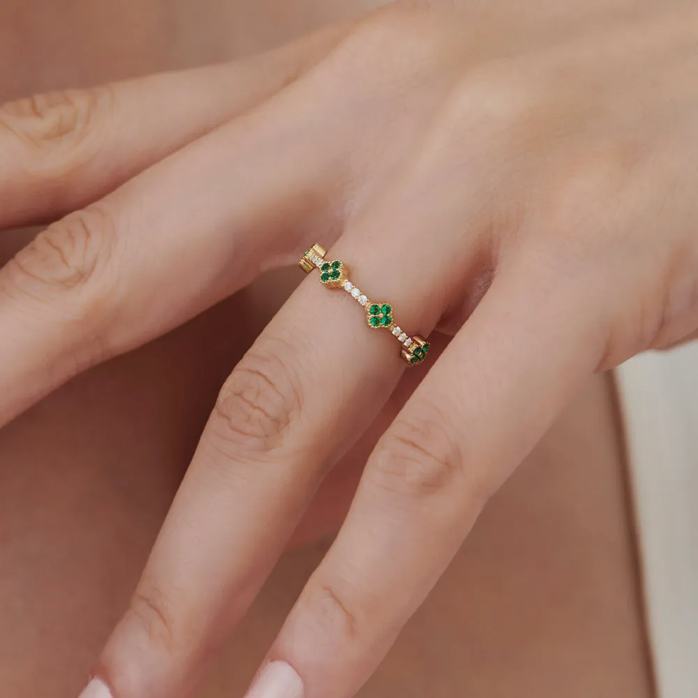 14k Full Eternity Clover Emerald and Diamond Ring