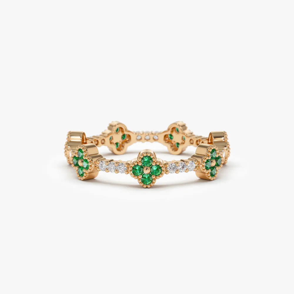 14k Full Eternity Clover Emerald and Diamond Ring