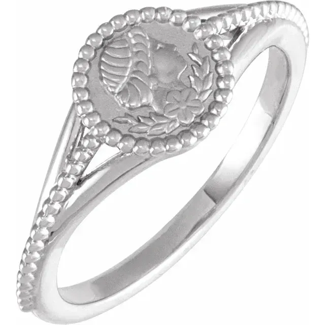 14K White Gold Beaded Cameo Medallion Ring