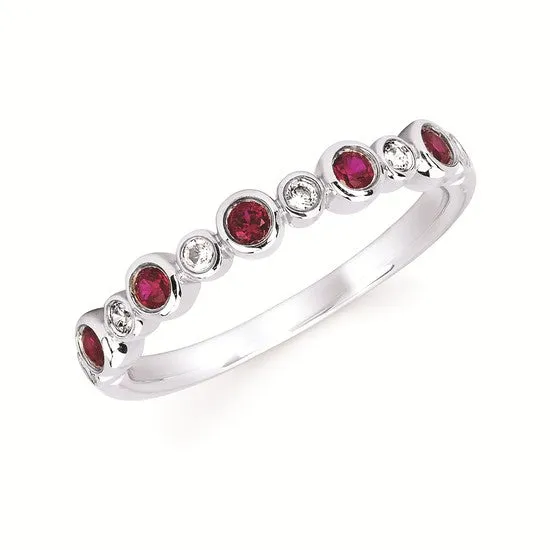 14K White Gold Created Rubies and Diamonds Stackable Ring