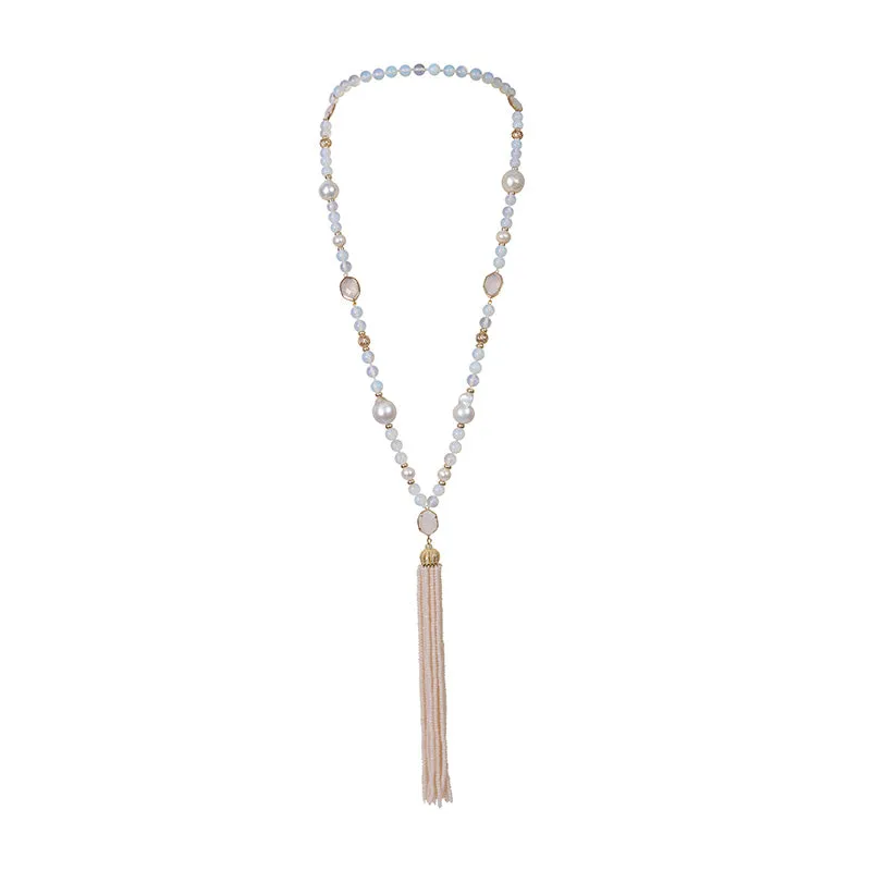 194-01 | WHITE  CRYSTAL & PEARL TASSEL NECKLACE