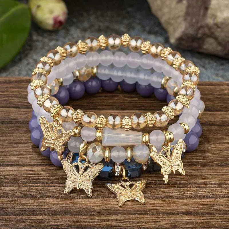 4pcs Butterfly Crystal Beaded Chain Bangle Bracelets