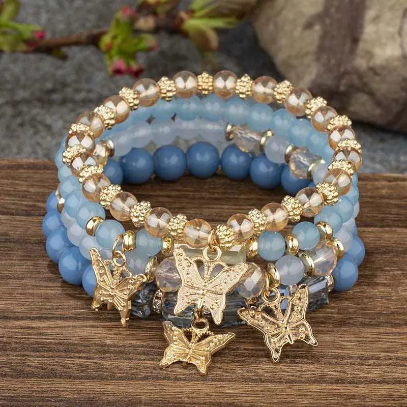 4pcs Butterfly Crystal Beaded Chain Bangle Bracelets