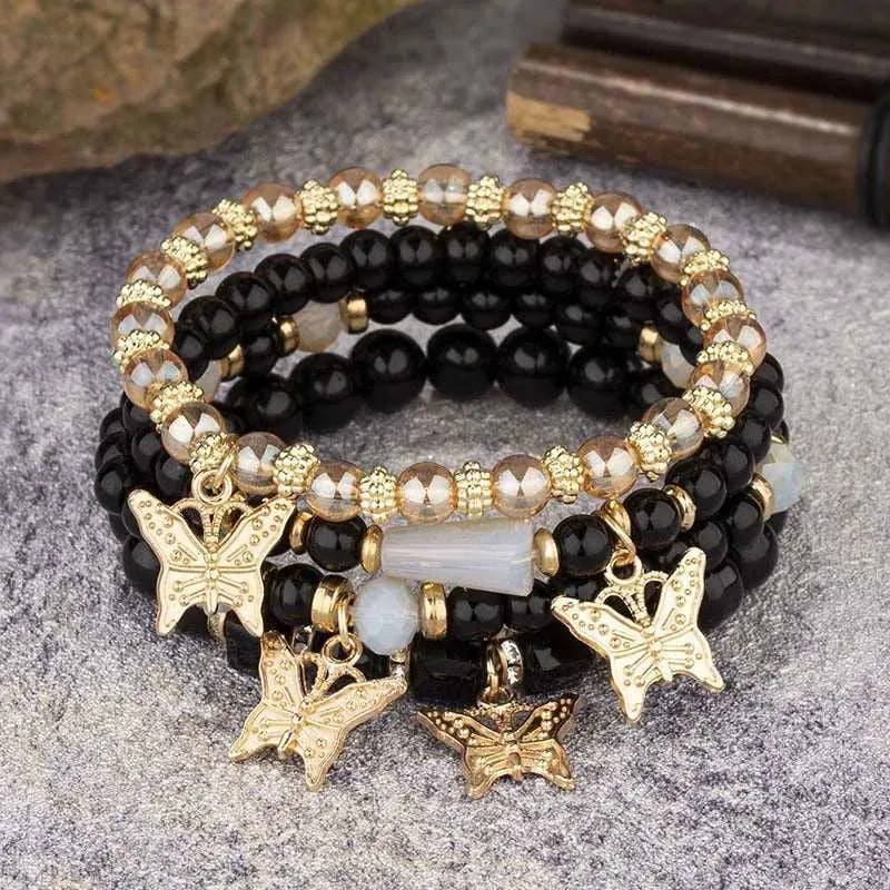 4pcs Butterfly Crystal Beaded Chain Bangle Bracelets