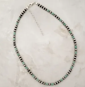 5mm Navajo Pearls & Green Turquoise Necklace Sterling Silver