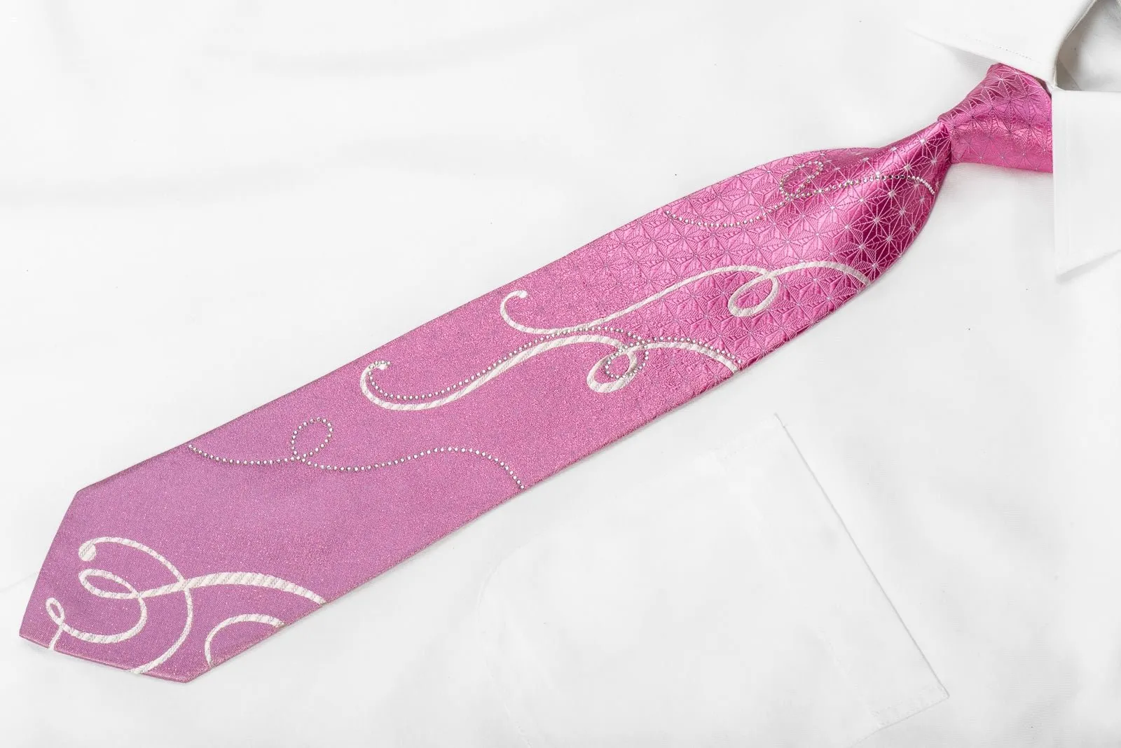 Austin Reed Men's Crystal Rhinestone Silk Necktie Scrolls On Pink With Silver Sparkles