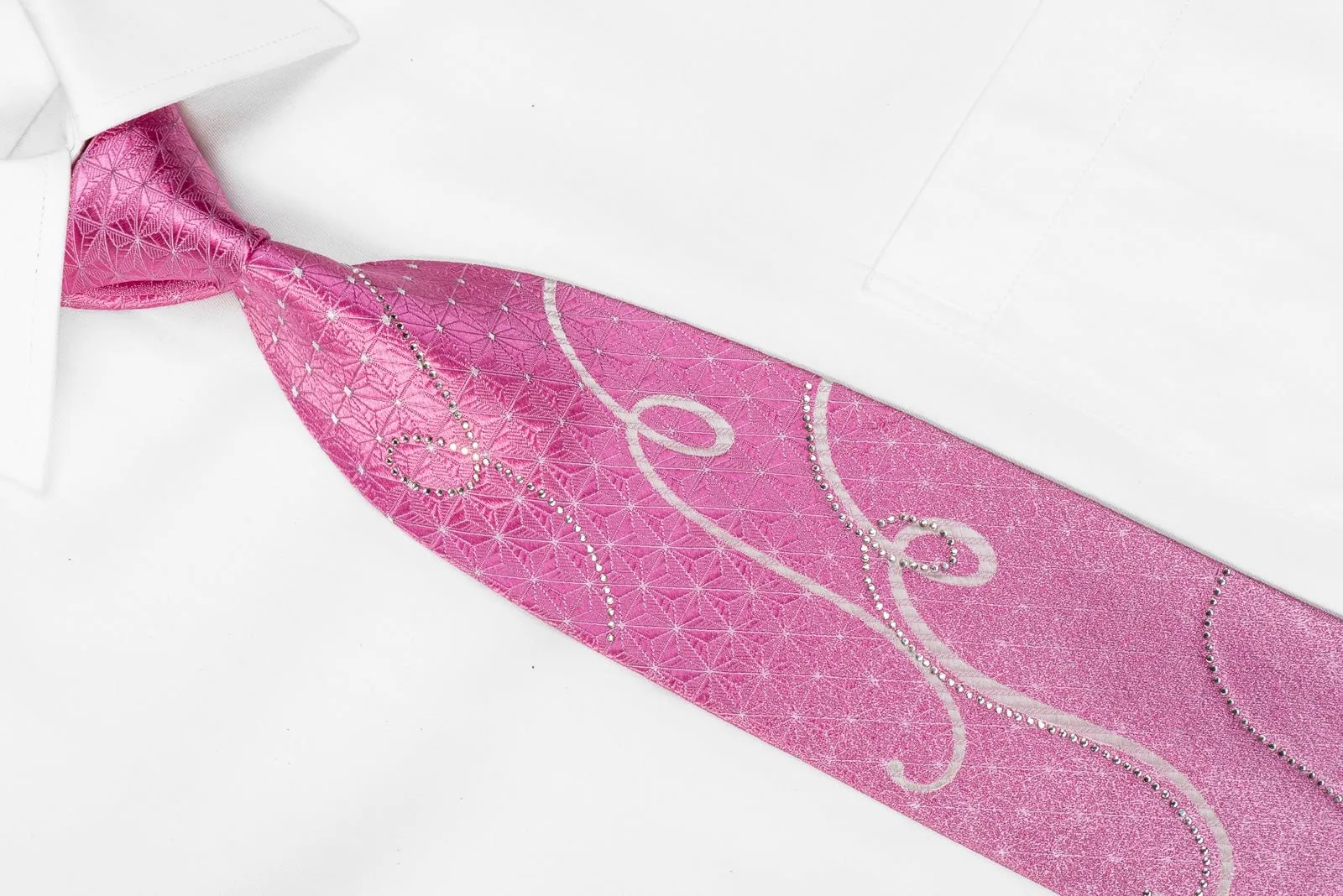 Austin Reed Men's Crystal Rhinestone Silk Necktie Scrolls On Pink With Silver Sparkles