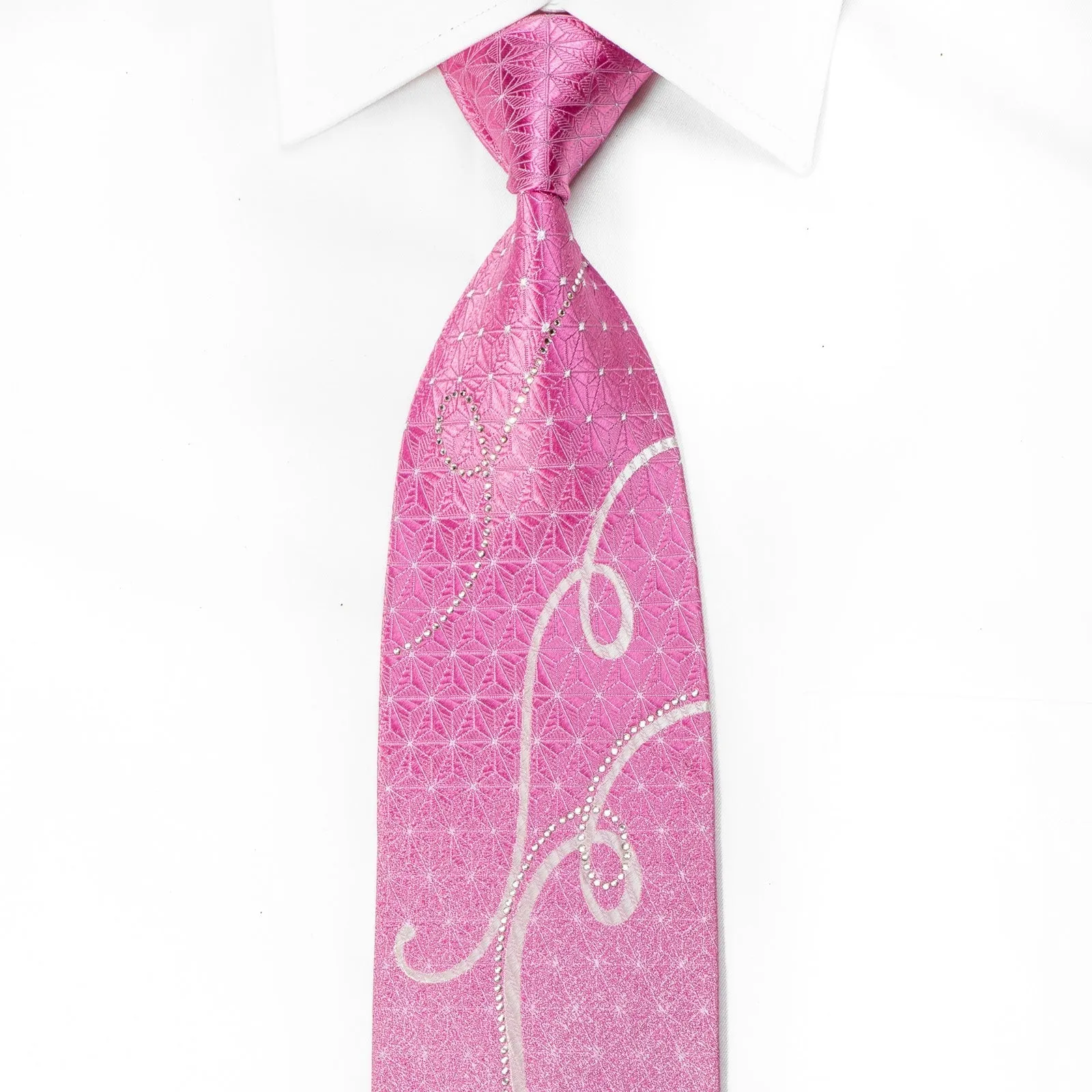 Austin Reed Men's Crystal Rhinestone Silk Necktie Scrolls On Pink With Silver Sparkles