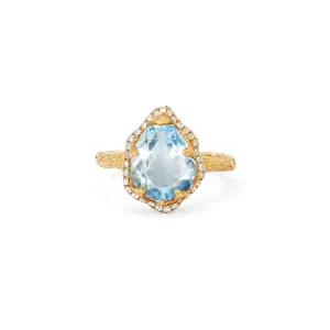 Baby Queen Water Drop Aquamarine Ring with Full Pavé Diamond Halo | Ready to Ship