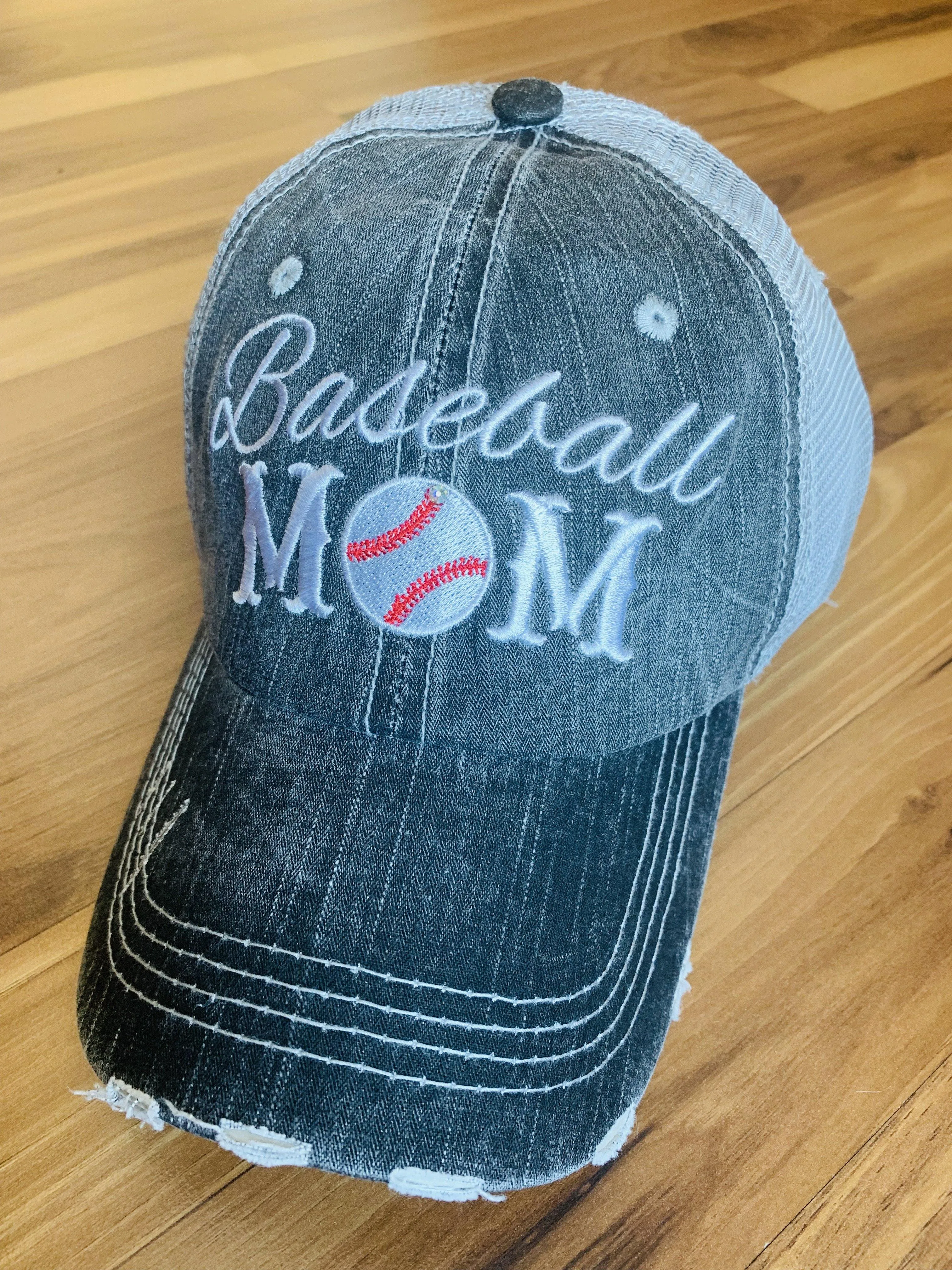 Baseball hats Grandma Mimi Nana Gigi Mom Embroidered gray distressed trucker caps Personalize with letters numbers and bling