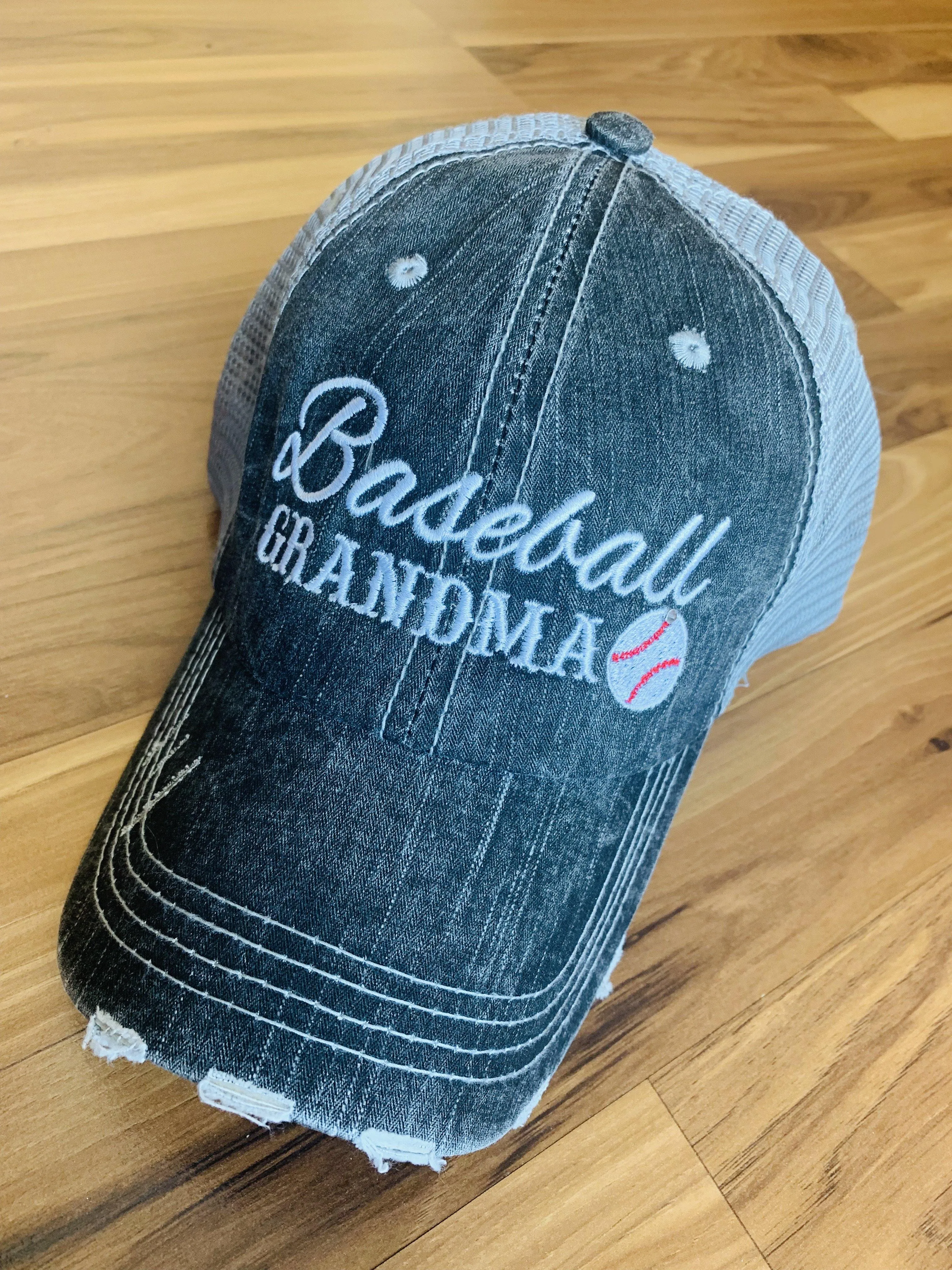 Baseball hats Grandma Mimi Nana Gigi Mom Embroidered gray distressed trucker caps Personalize with letters numbers and bling