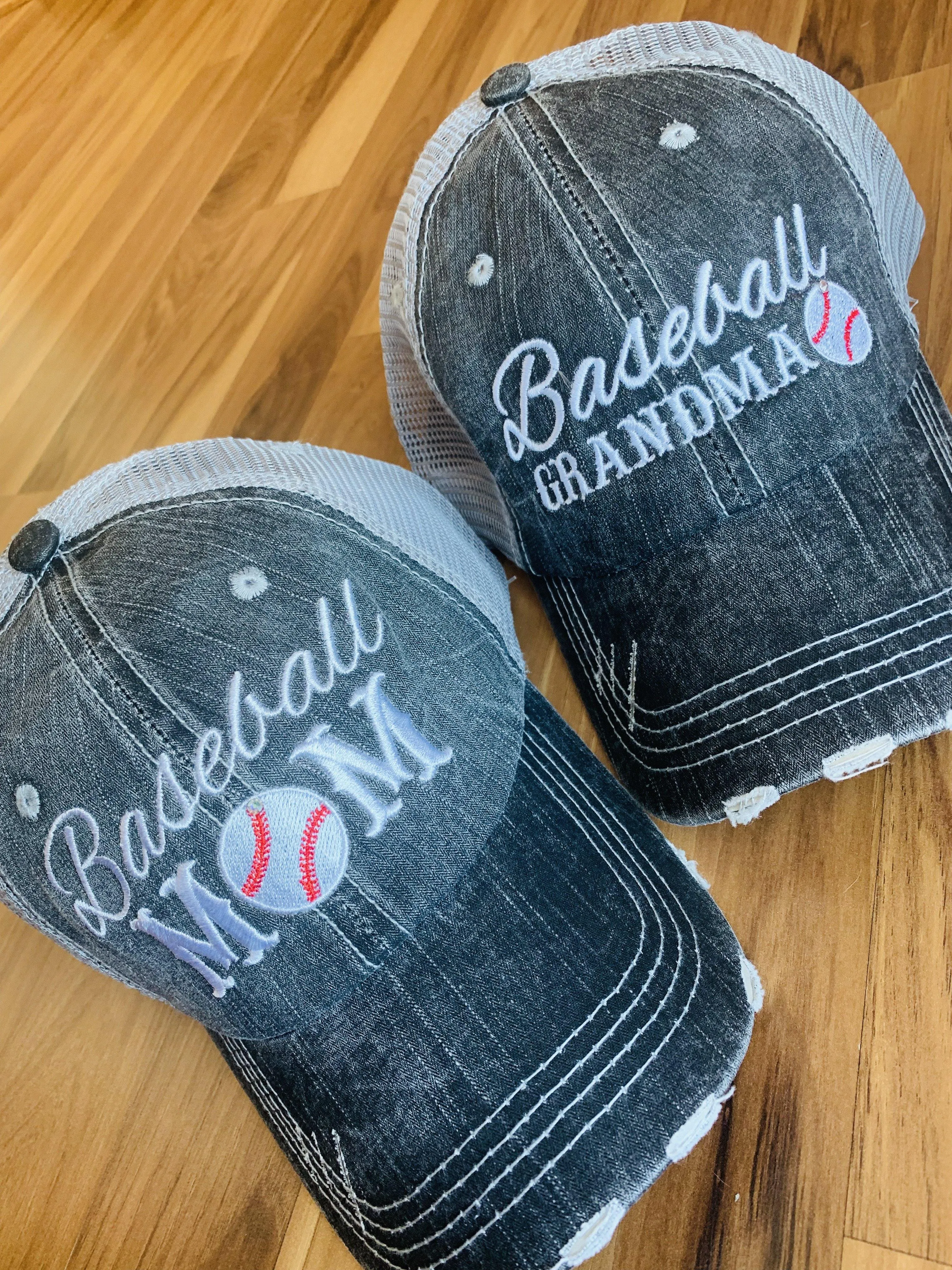 Baseball hats Grandma Mimi Nana Gigi Mom Embroidered gray distressed trucker caps Personalize with letters numbers and bling