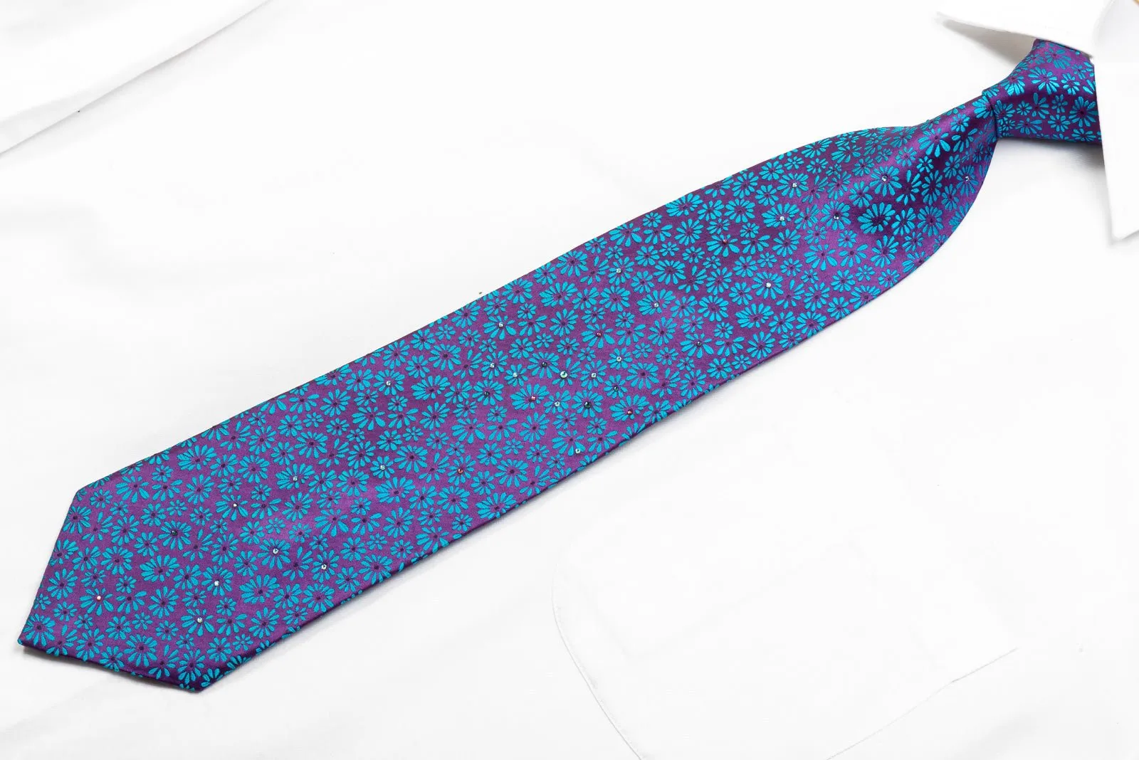 Basso Men's Silk Necktie Blue Floral On Purple Sparkling With Rhinestones