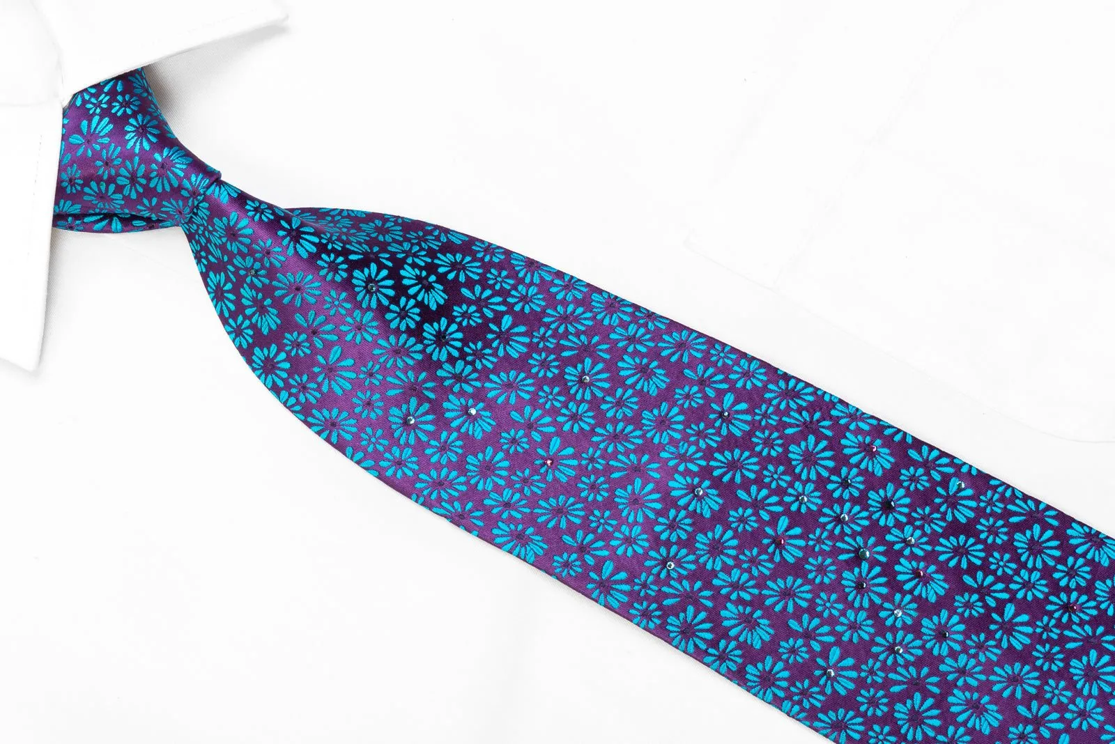 Basso Men's Silk Necktie Blue Floral On Purple Sparkling With Rhinestones