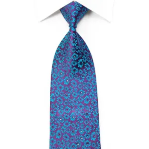 Basso Men's Silk Necktie Blue Floral On Purple Sparkling With Rhinestones