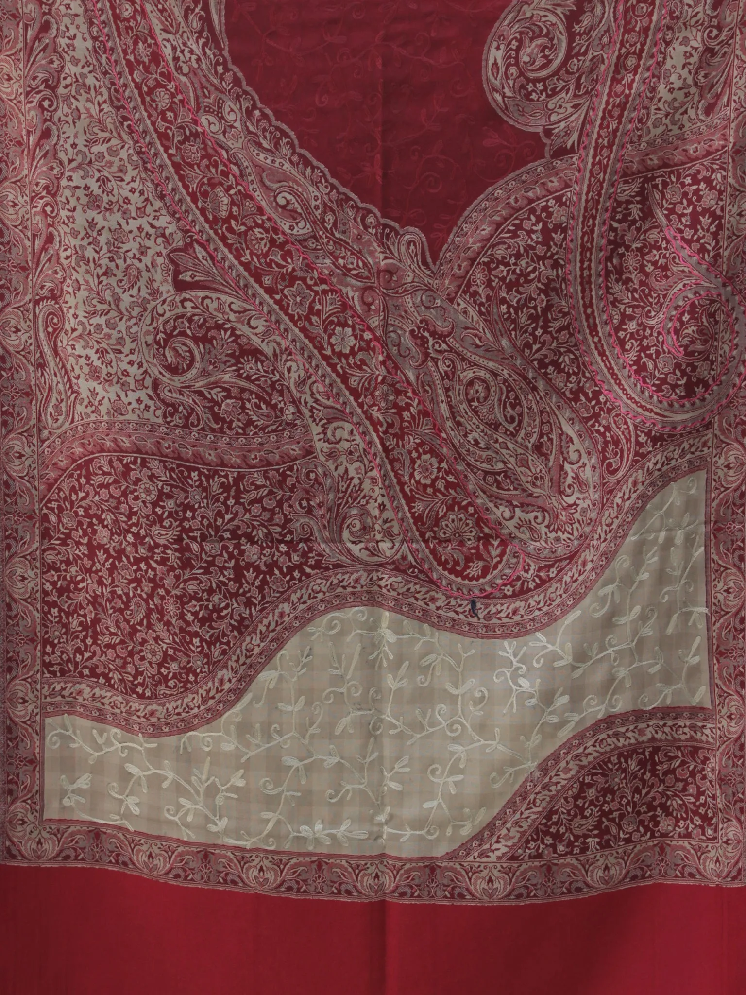 Beige Maroon Jamawar Aari Embroidered Woollen Kashmiri Stole - S200576