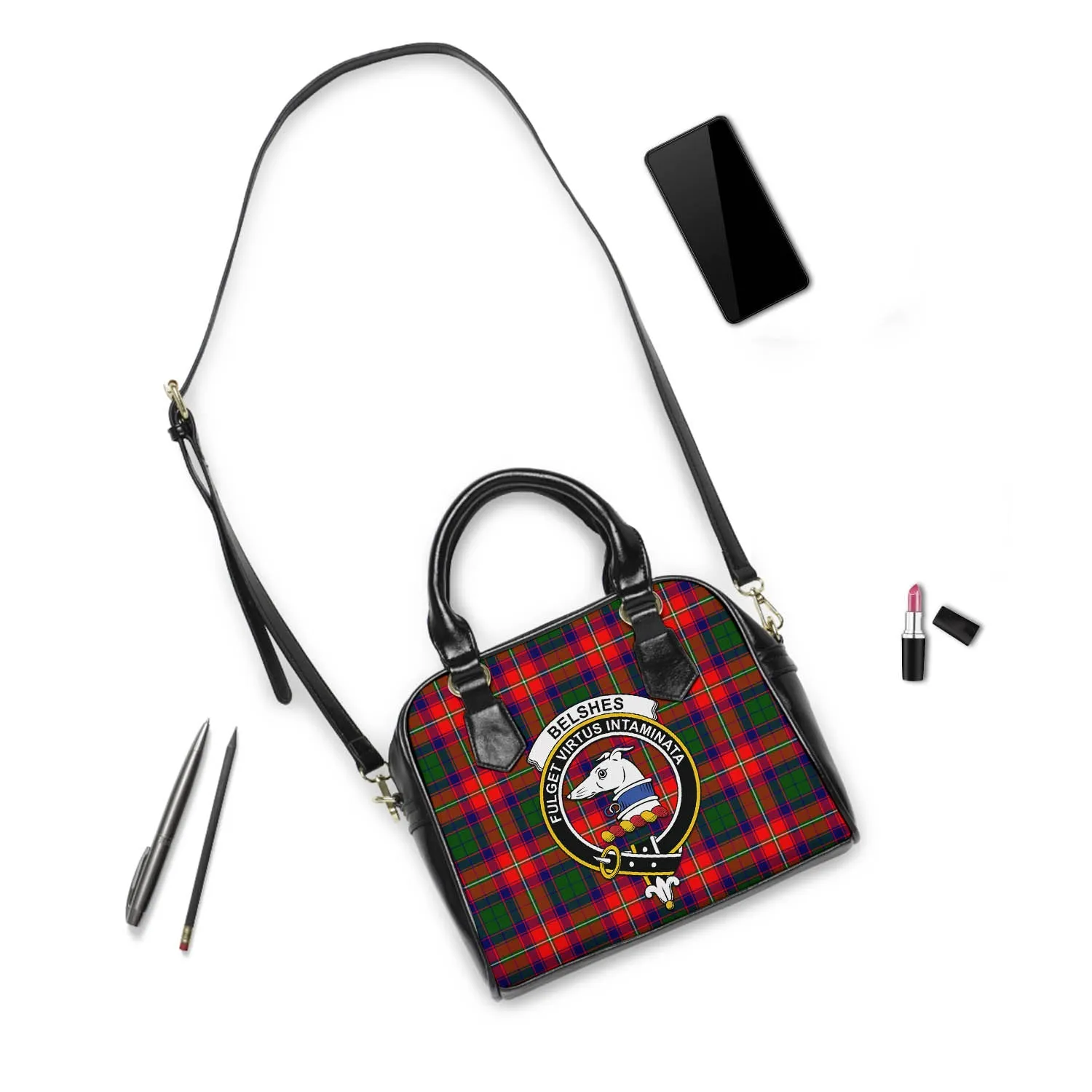 Belshes Tartan Shoulder Handbags with Family Crest