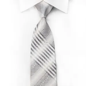 Blu Moon Men's Crystal Tie Silver Striped Trellis On White With Silver Sparkles