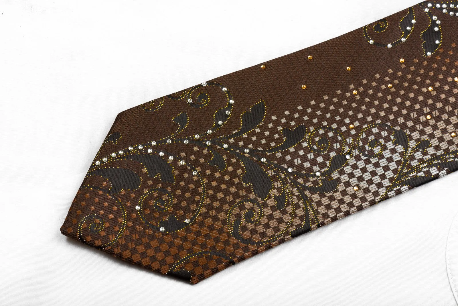 Blu Moon Men's Rhinestone Silk Necktie Acanthus Scrolls On Brown With Gold Sparkles