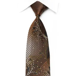 Blu Moon Men's Rhinestone Silk Necktie Acanthus Scrolls On Brown With Gold Sparkles