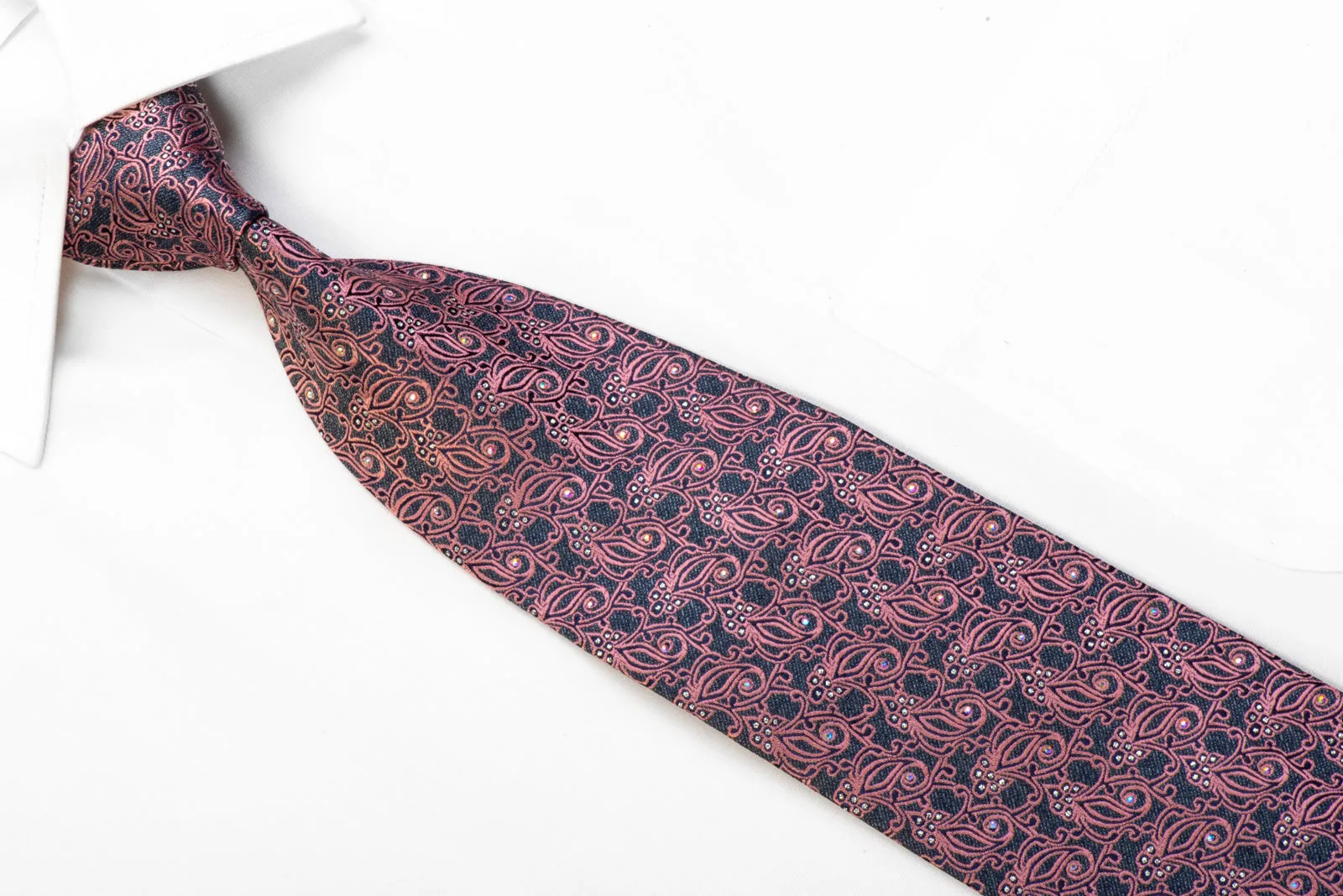 Blu Moon Men's Rhinestone Silk Tie Pink Anthemion On Gray With Sparkles