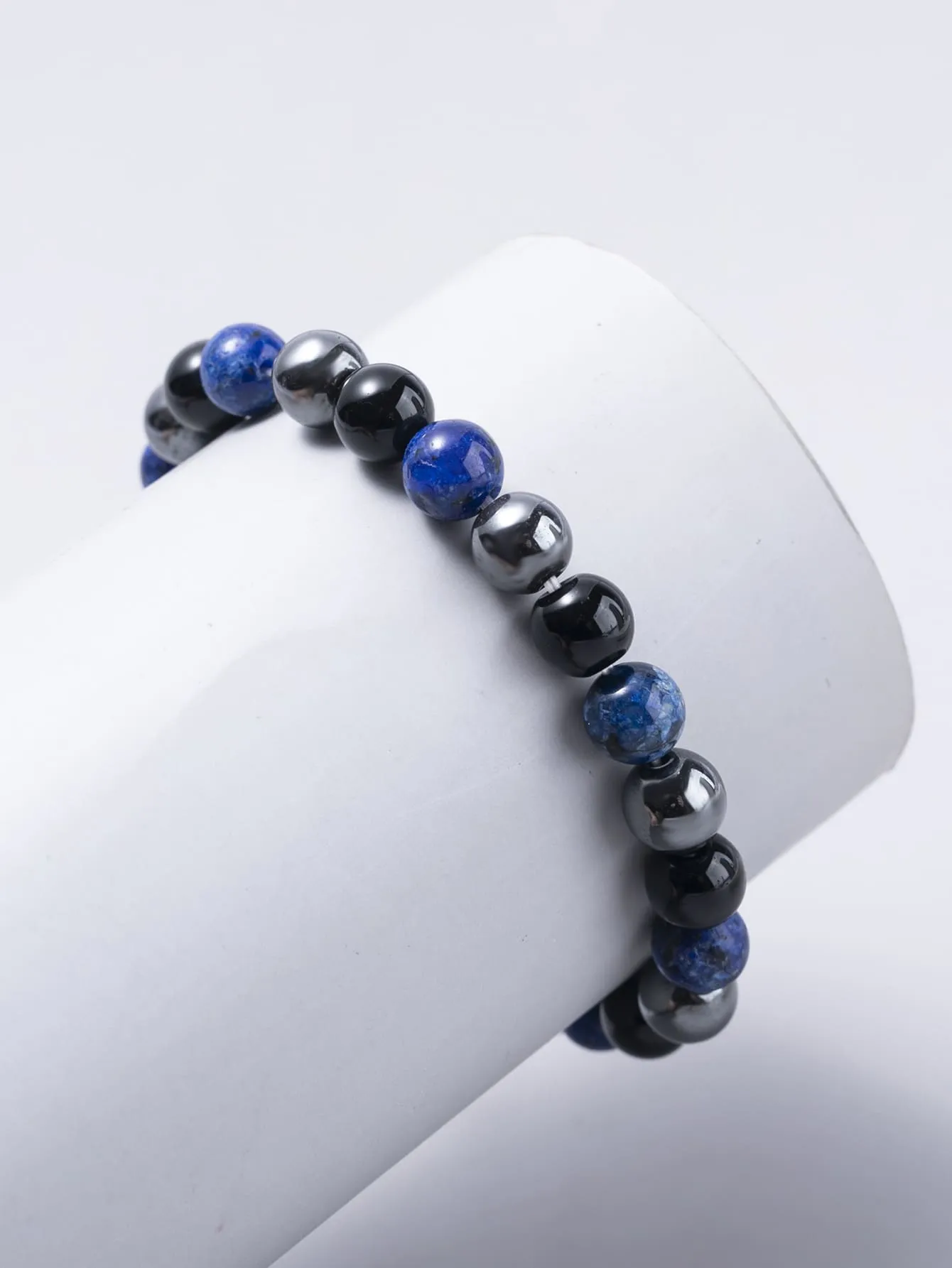 Blue Black Stone Beaded Bracelet Boho Crafted Creative Beads Design Stretchy