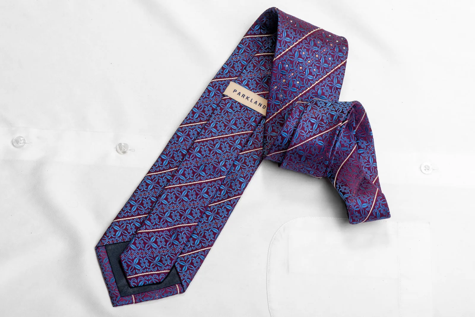 Blue Cartouche & Striped On Burgundy Rhinestone Tie With Sparkles