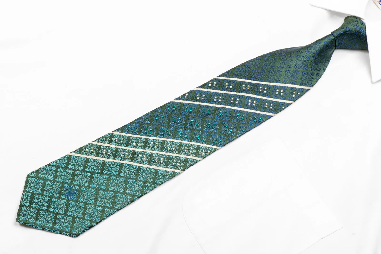 Blue Cartouche Striped On Green Rhinestone Silk Tie With Sparkles