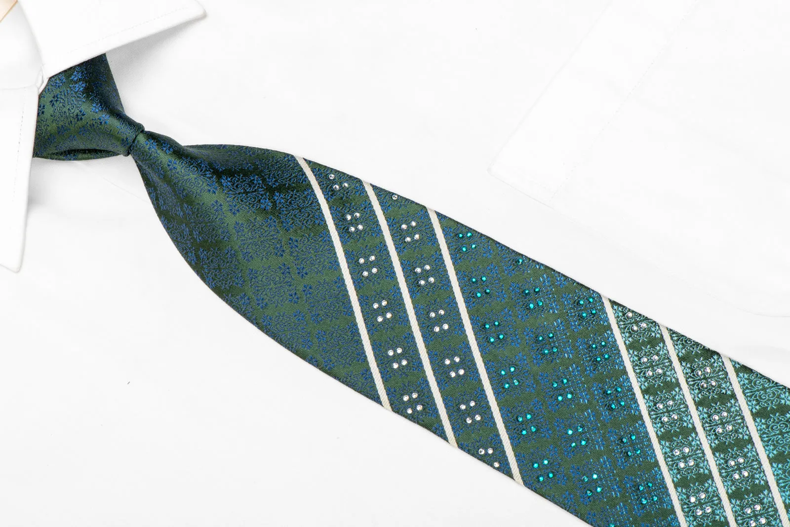 Blue Cartouche Striped On Green Rhinestone Silk Tie With Sparkles