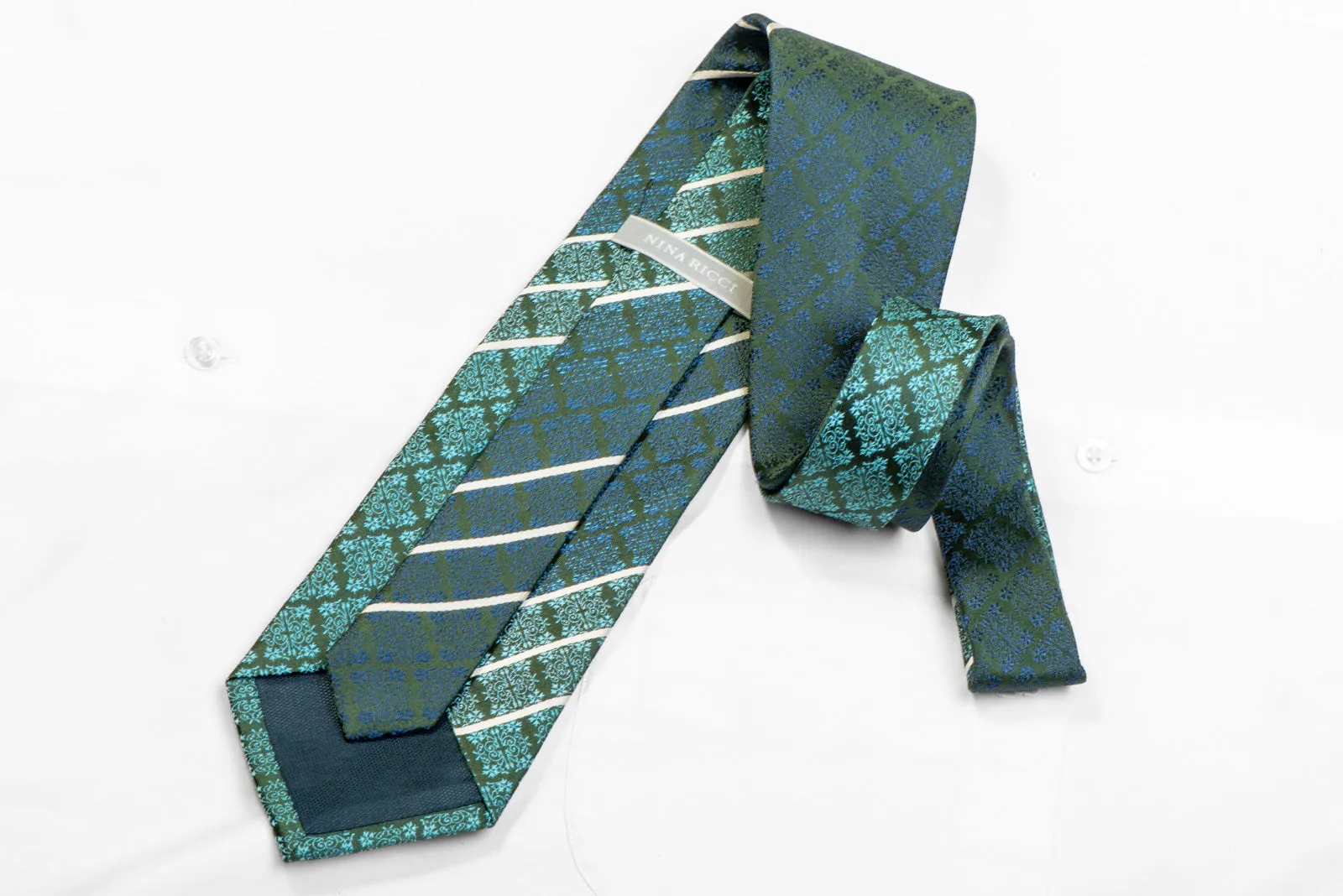 Blue Cartouche Striped On Green Rhinestone Silk Tie With Sparkles