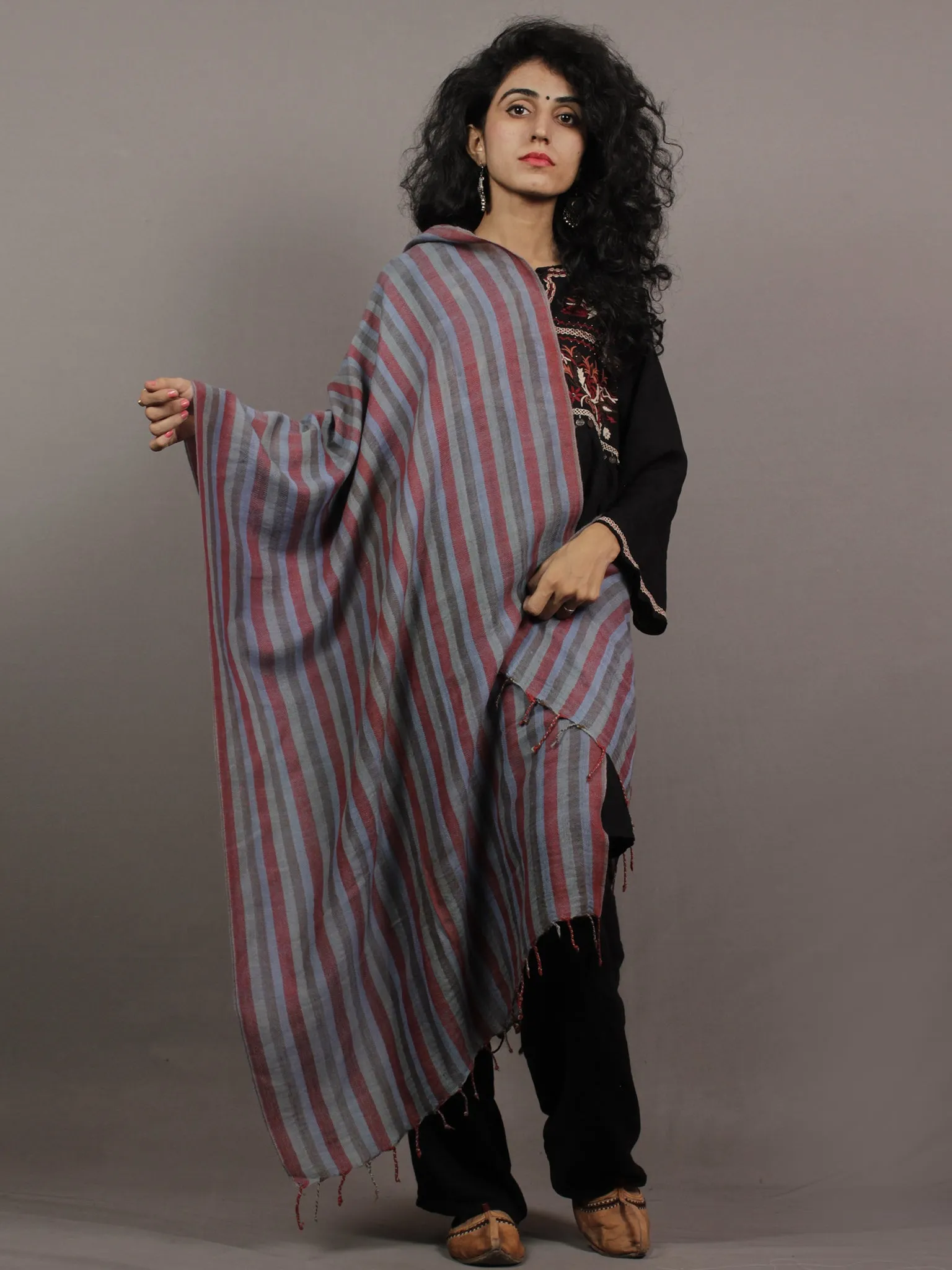 Blue Grey Red Striped Cashmere Fine Woolen Stole - S6317196