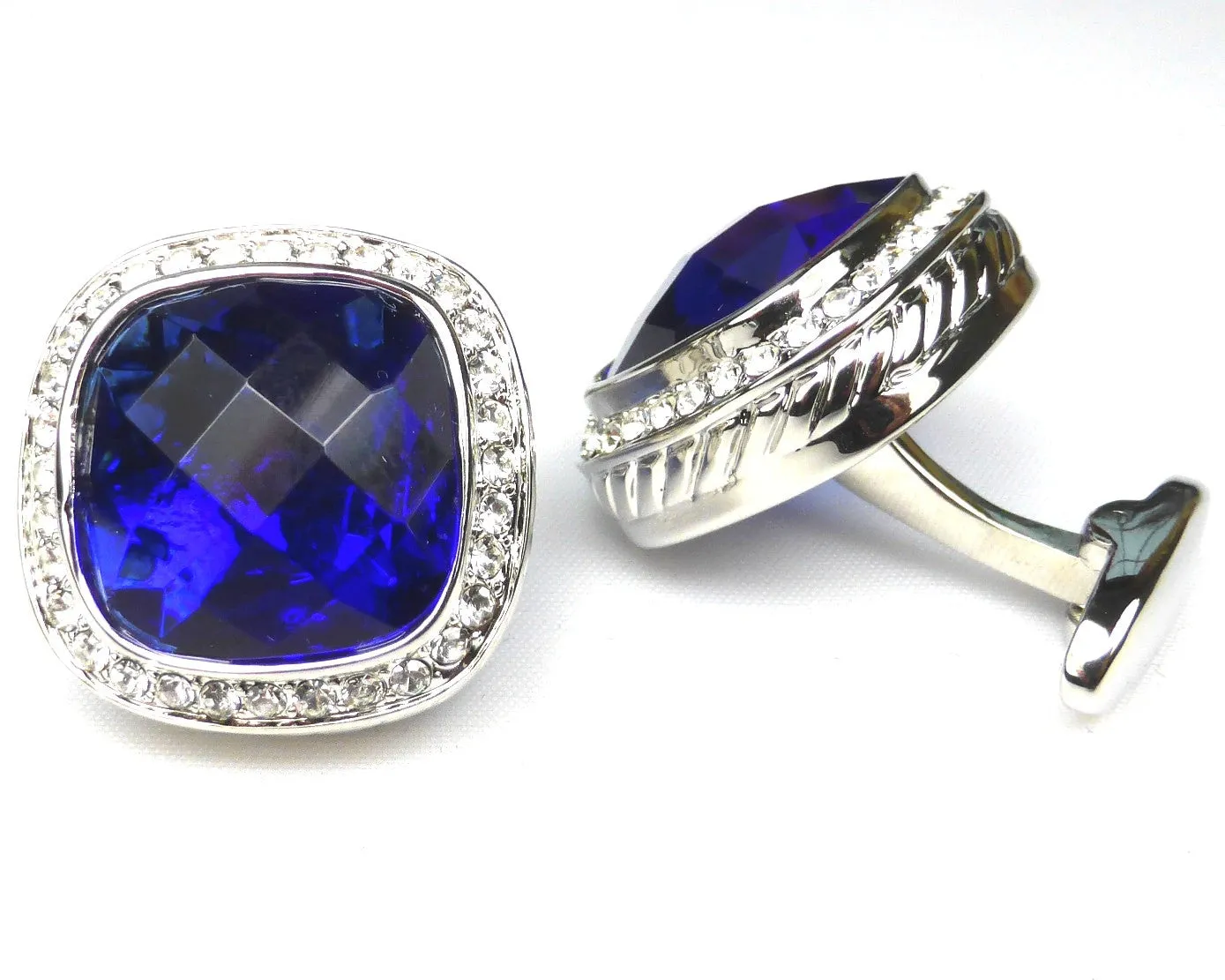 Blue man-made platinum plated cufflinks