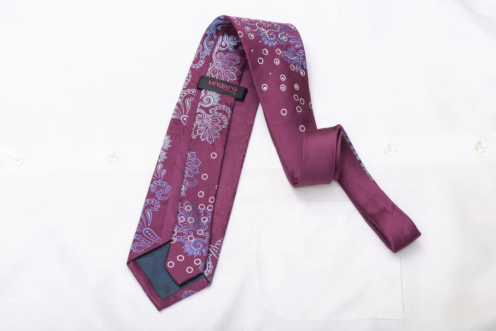 Blue Silver Anthemion Floral On Violet Rhinestone Silk Necktie With Sparkles