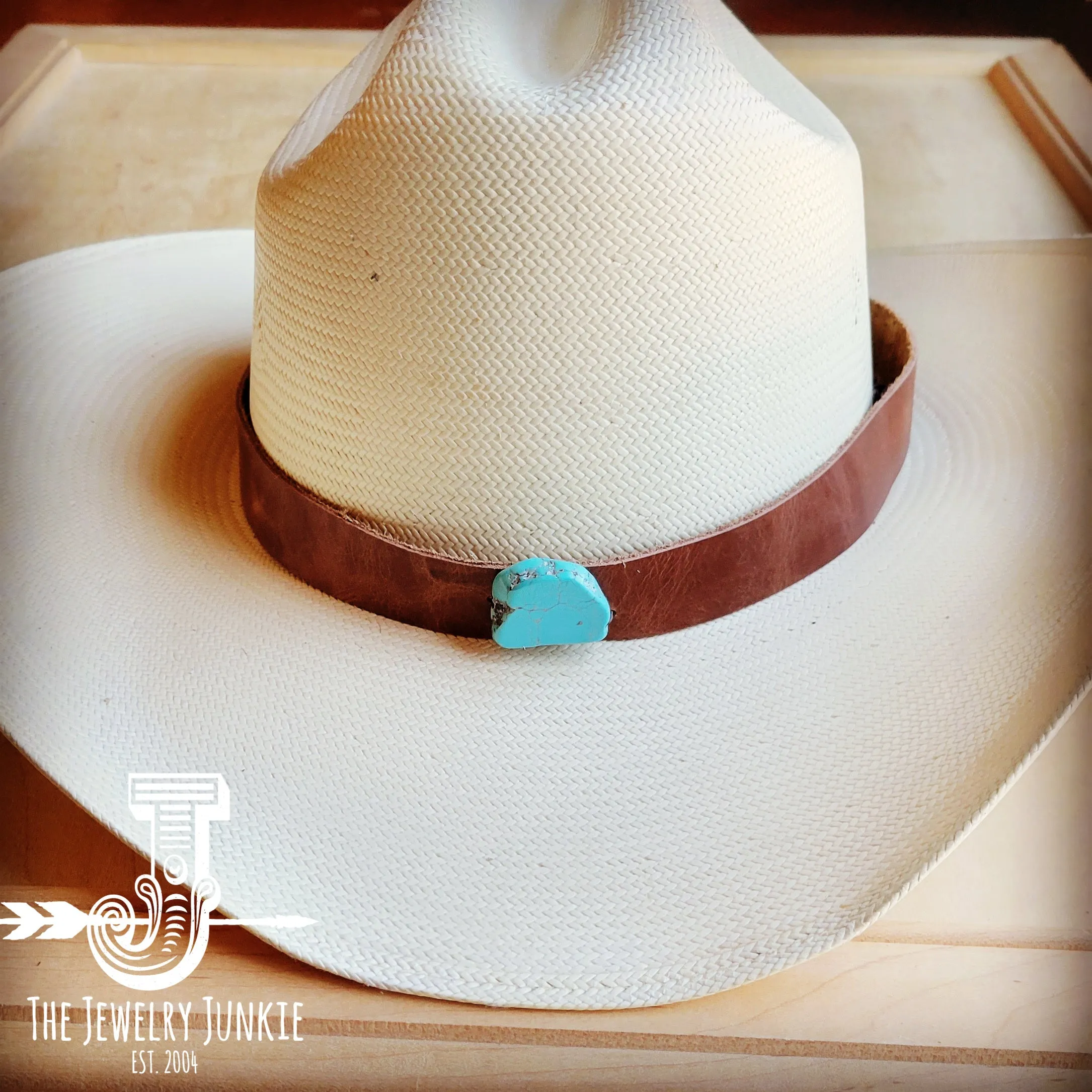 **Brown Cognac or Black Leather Hat Band Only w/ Turquoise Slab 950x