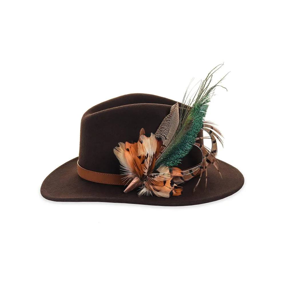 Brown Fedora with Pheasant and Peacock Sword Pin