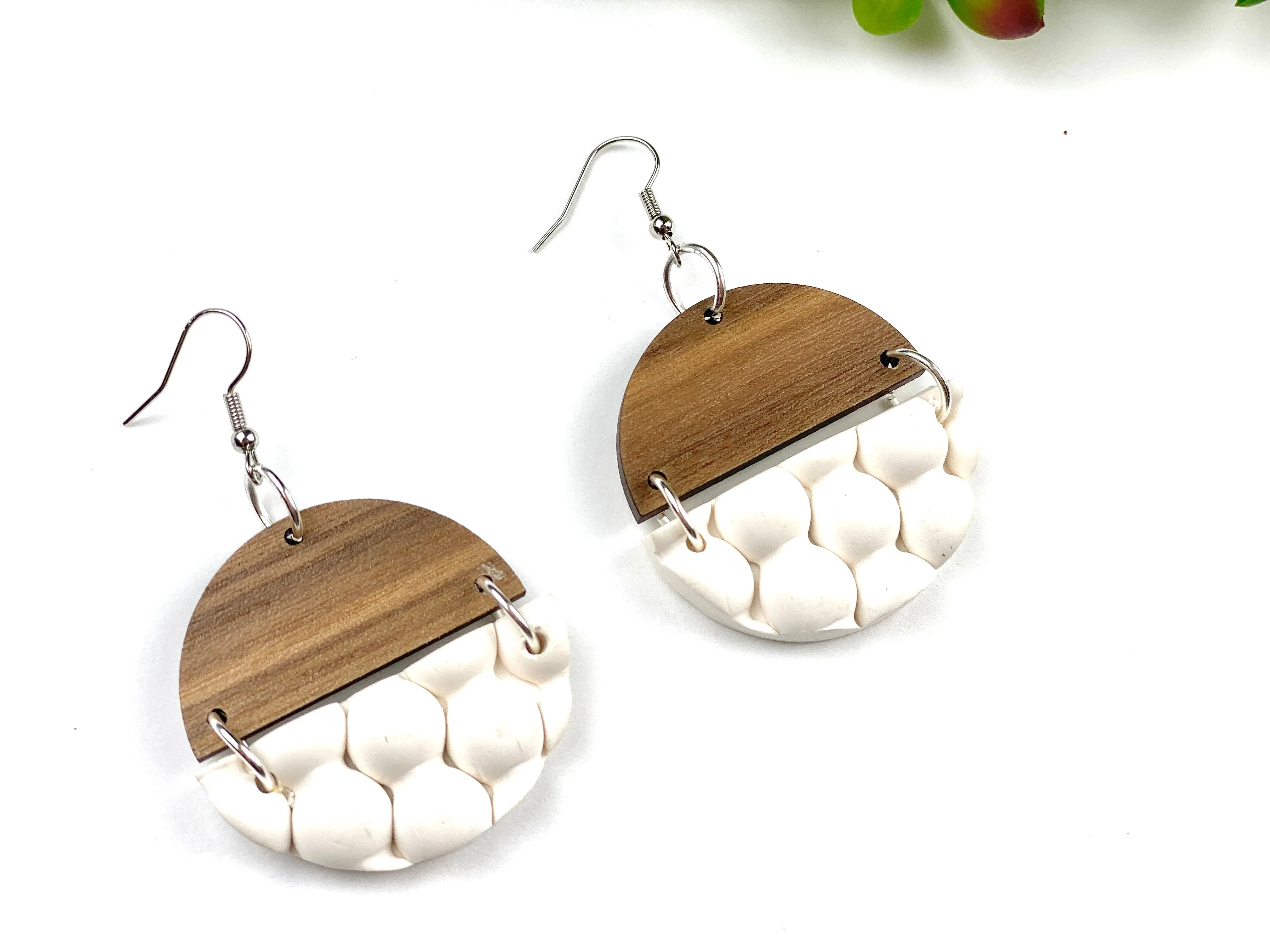 Bubble White Clay and Wood Circle Earrings