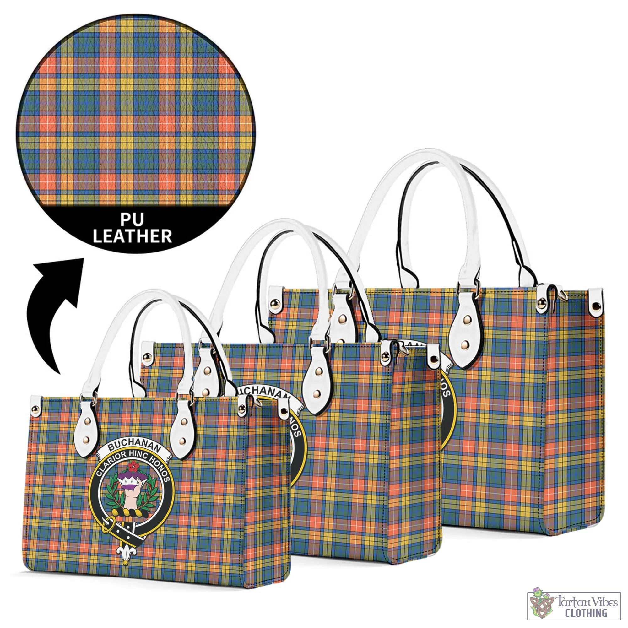 Buchanan Ancient Tartan Luxury Leather Handbags with Family Crest