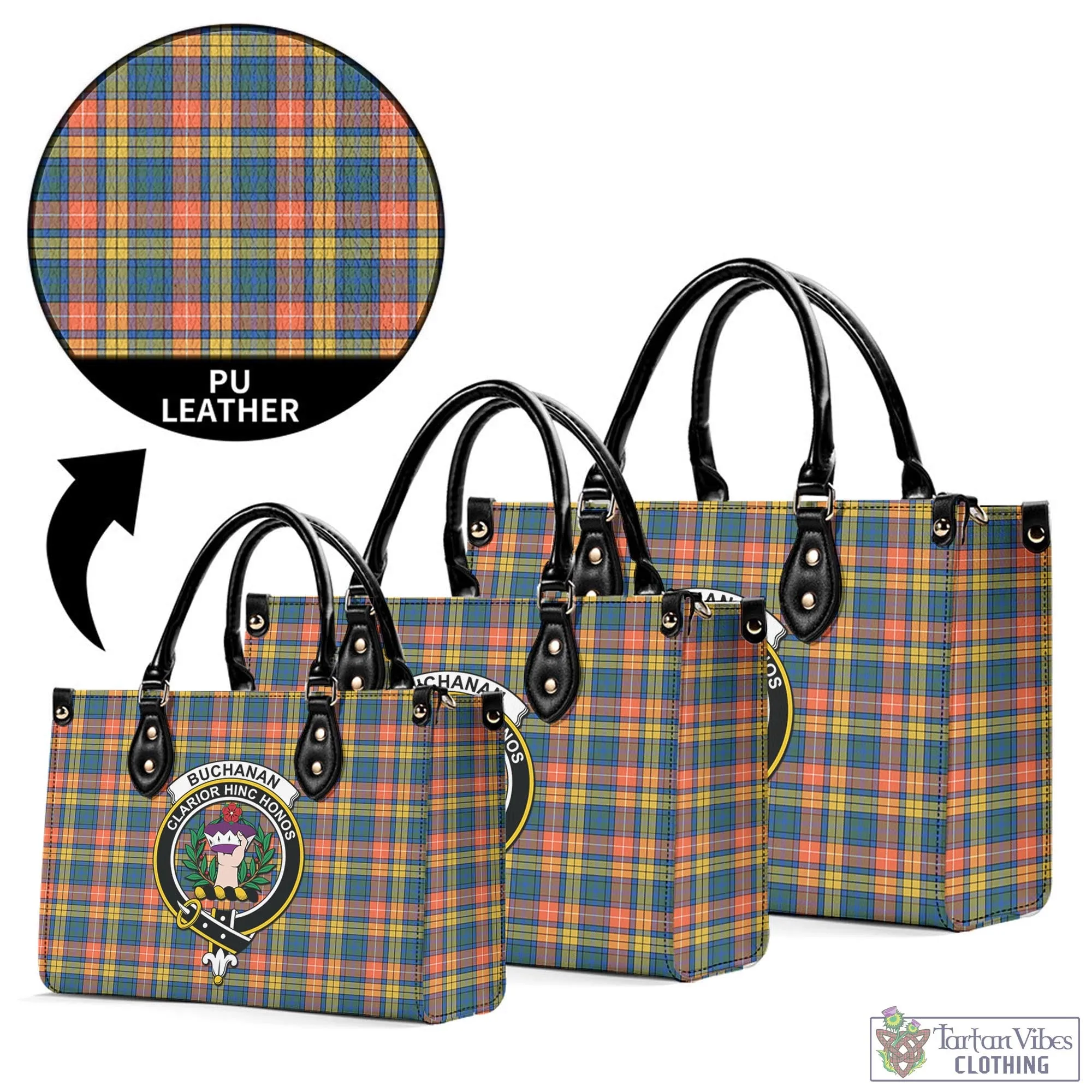 Buchanan Ancient Tartan Luxury Leather Handbags with Family Crest