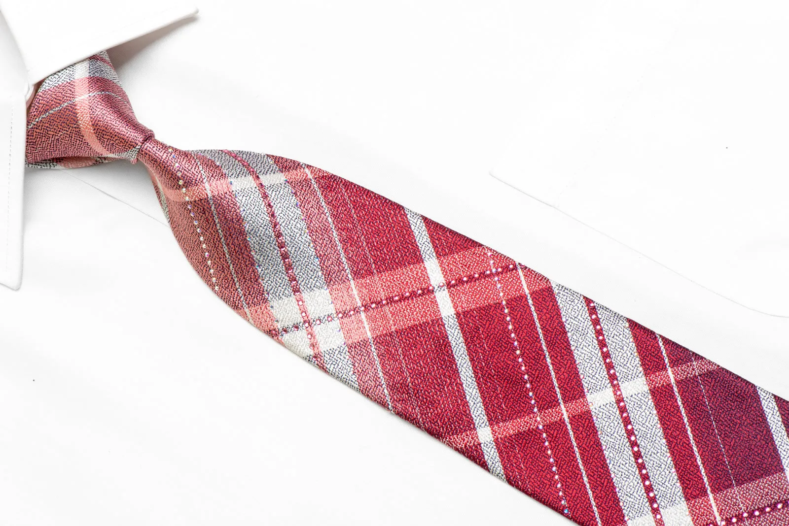 Burgundy Silver Plaid Rhinestone Silk Tie