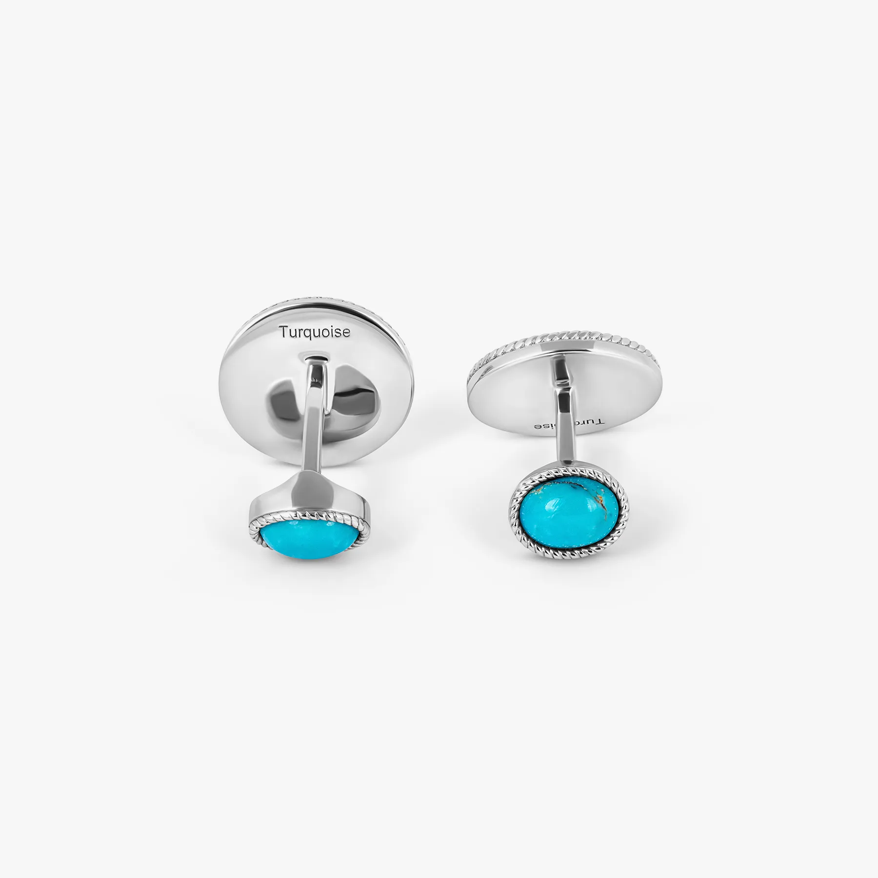 Cable Oval Cufflinks in Rhodium Plated Silver and Turquoise