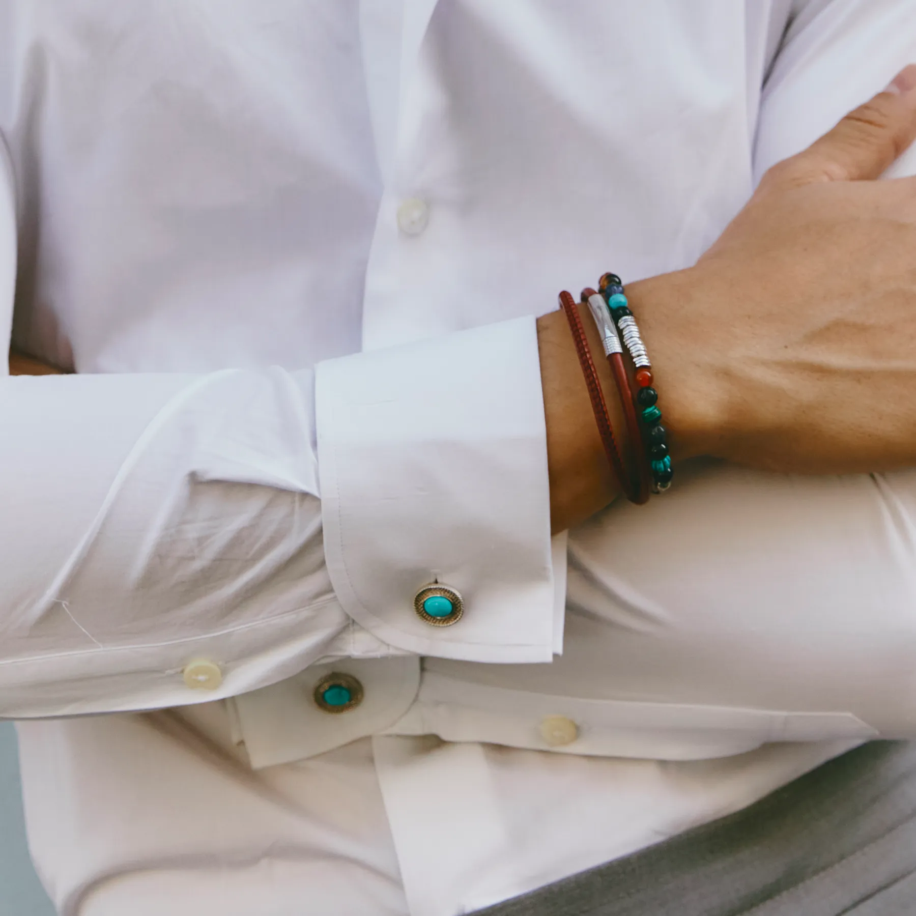 Cable Oval Cufflinks in Rhodium Plated Silver and Turquoise