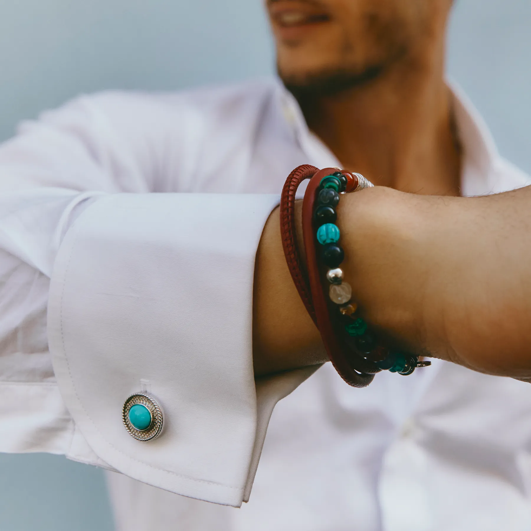 Cable Oval Cufflinks in Rhodium Plated Silver and Turquoise