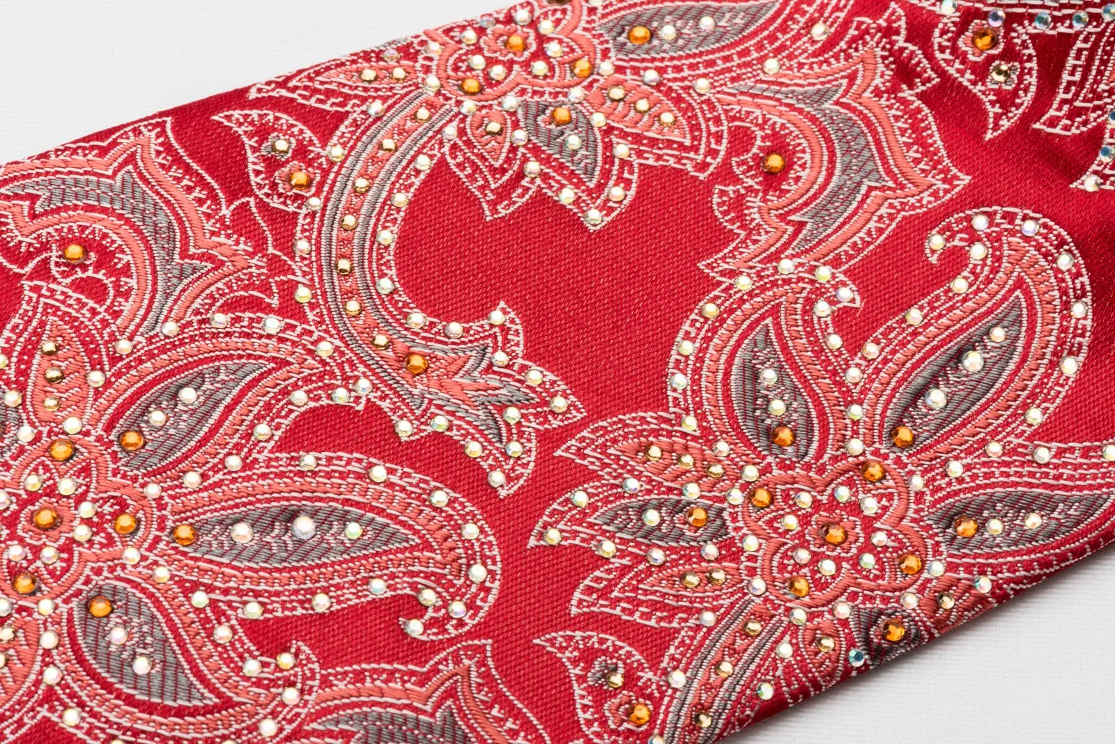 Cabrini Silk Necktie Floral On Red With Sparkling Rhinestones