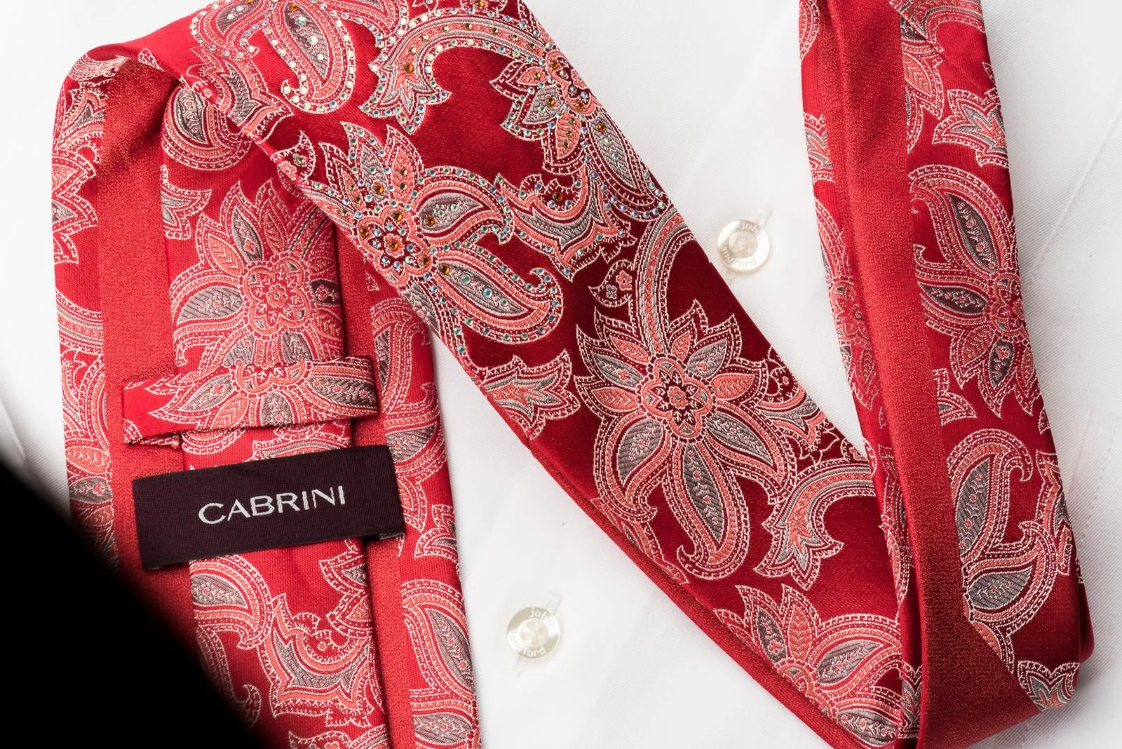 Cabrini Silk Necktie Floral On Red With Sparkling Rhinestones