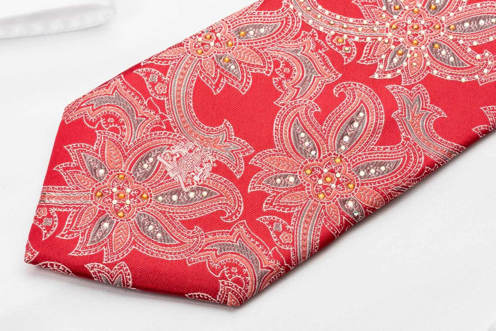 Cabrini Silk Necktie Floral On Red With Sparkling Rhinestones