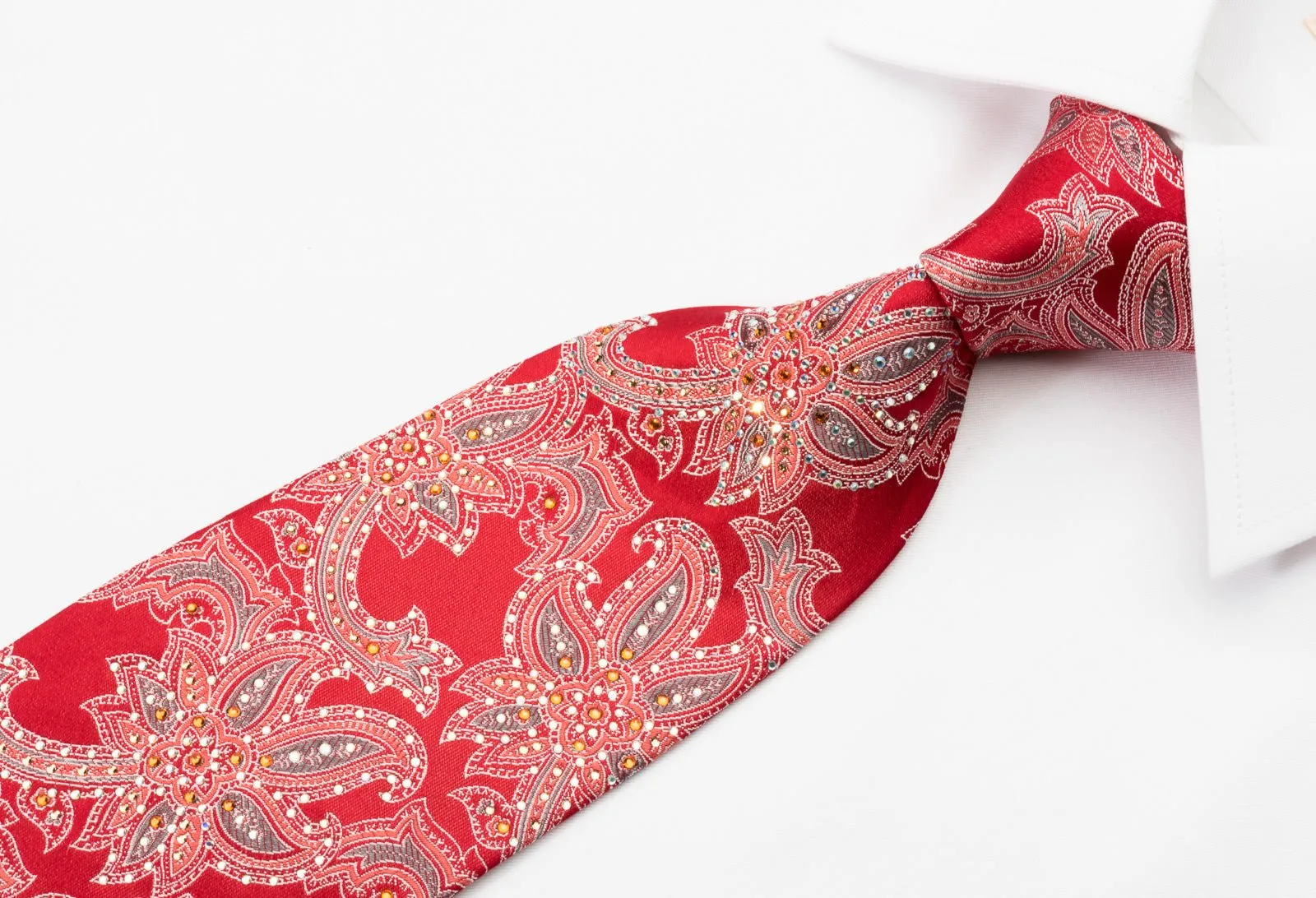 Cabrini Silk Necktie Floral On Red With Sparkling Rhinestones