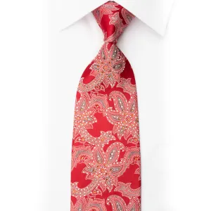 Cabrini Silk Necktie Floral On Red With Sparkling Rhinestones