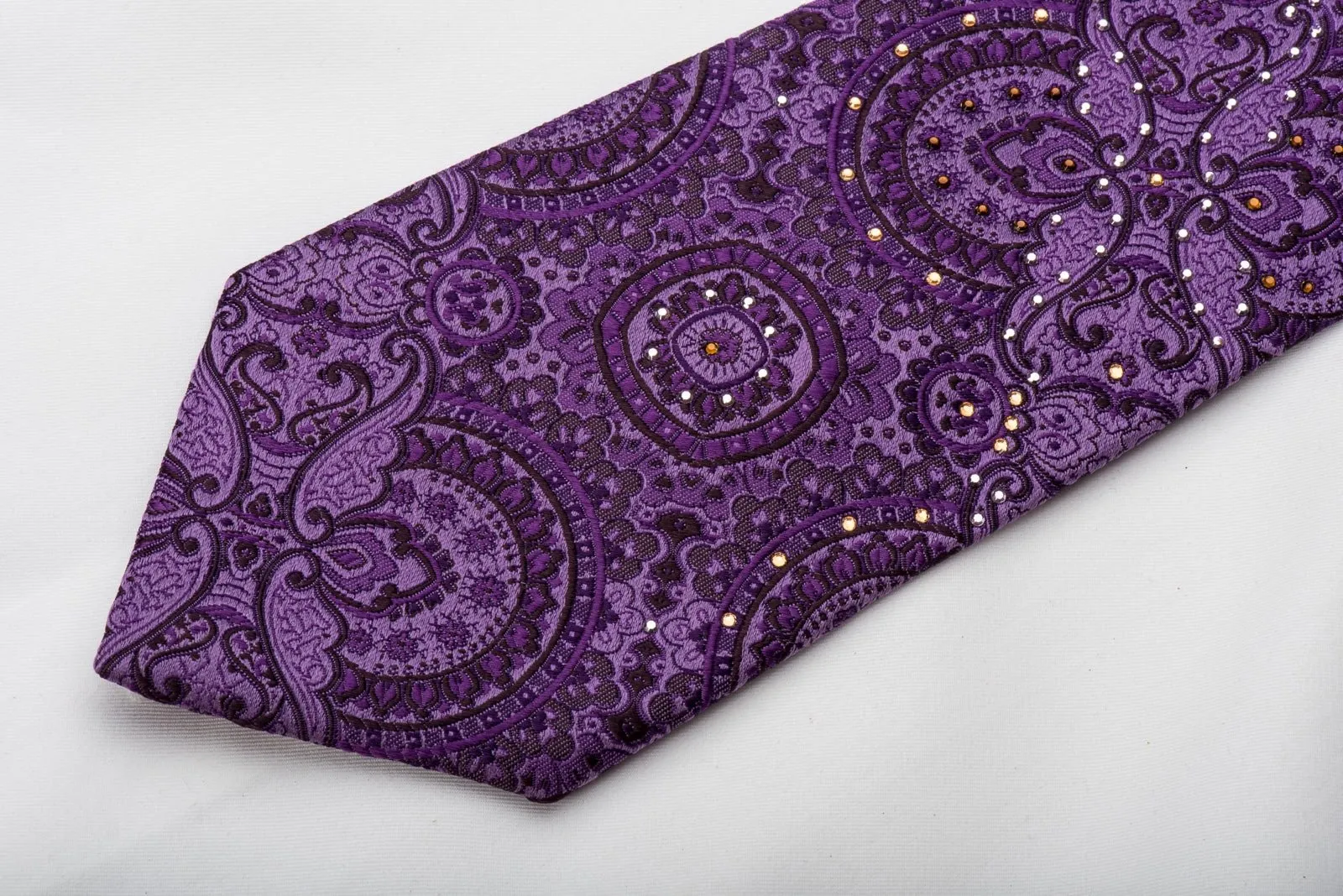 Caesars Silk Necktie Anthemion On Purple Sparkling With Rhinestones