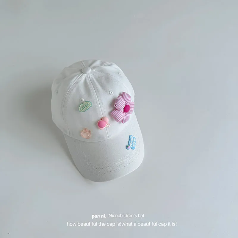 Cartoon letters and flowers children's baseball cap autumn style cute girl baby peaked cap washed soft top style hat